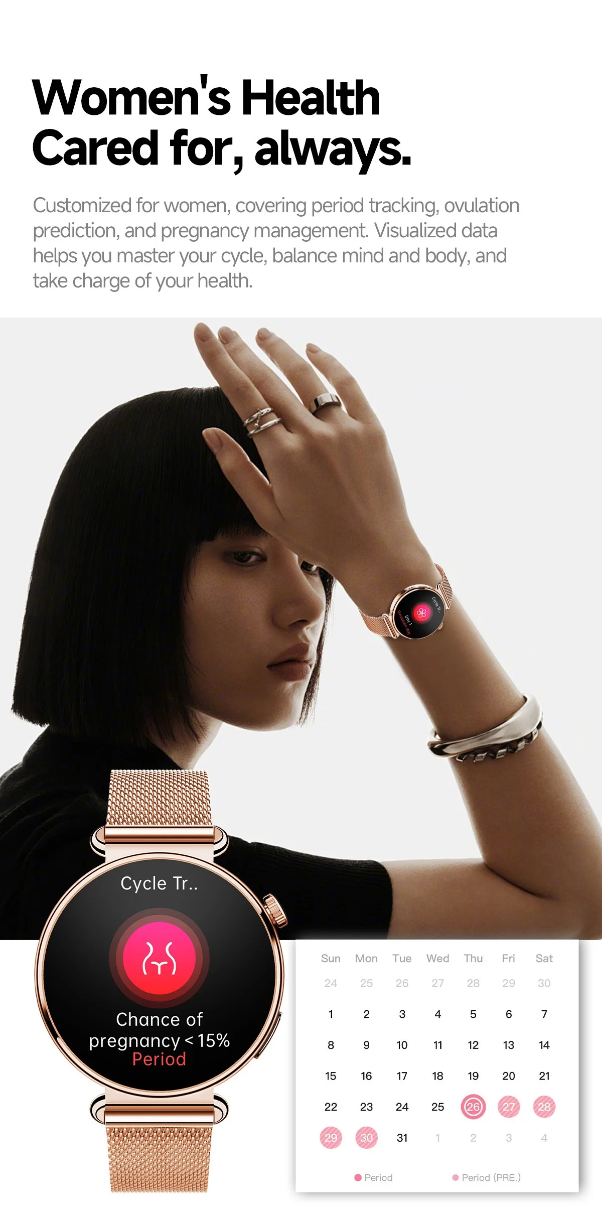 Montre connectée ECG pour femme avec écran tactile AMOLED rond