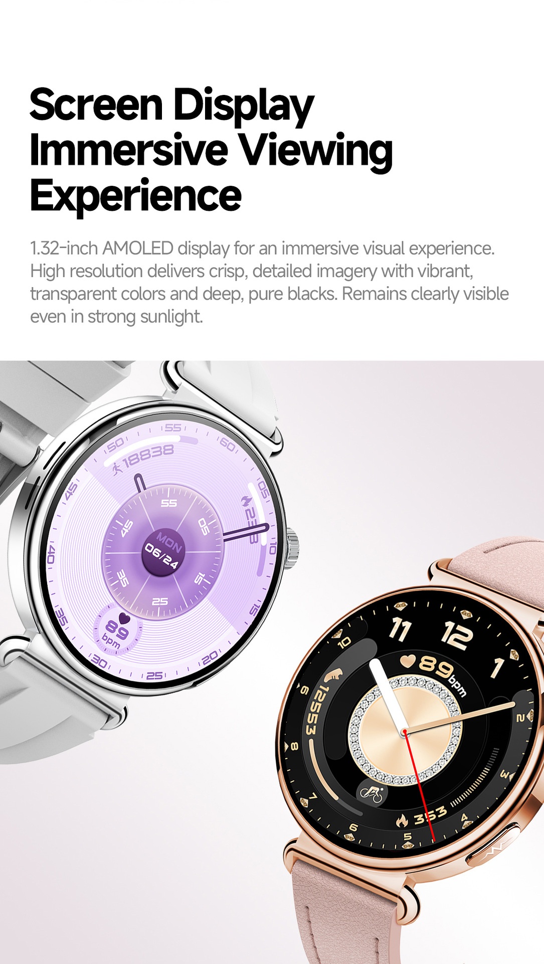 Women's ECG Smart Health Watch with Round AMOLED Touchscreen