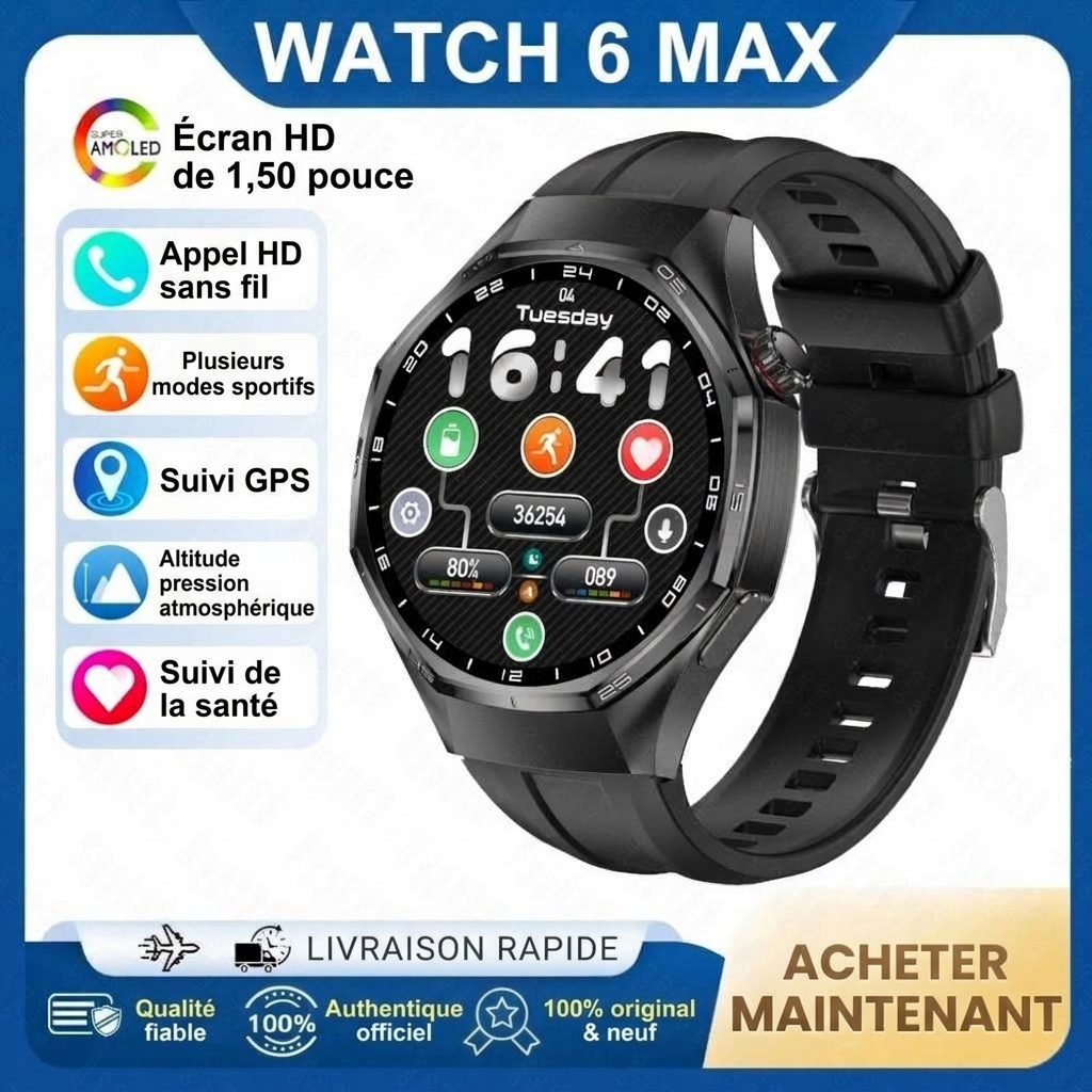Montre connectée WATCH 6 MAX avec écran rond, GPS et appels sans fil