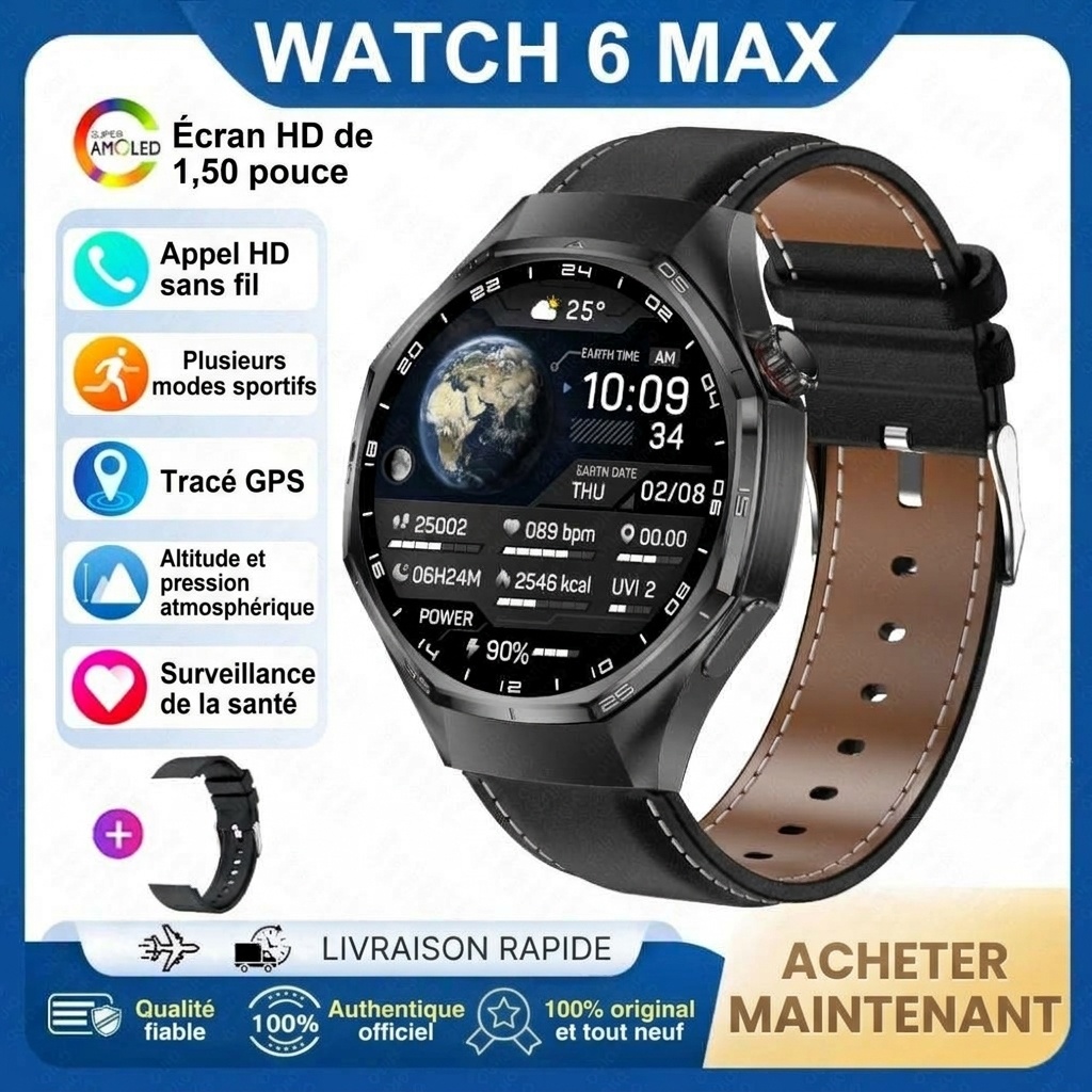 Montre connectée WATCH 6 MAX avec écran rond, GPS et appels sans fil