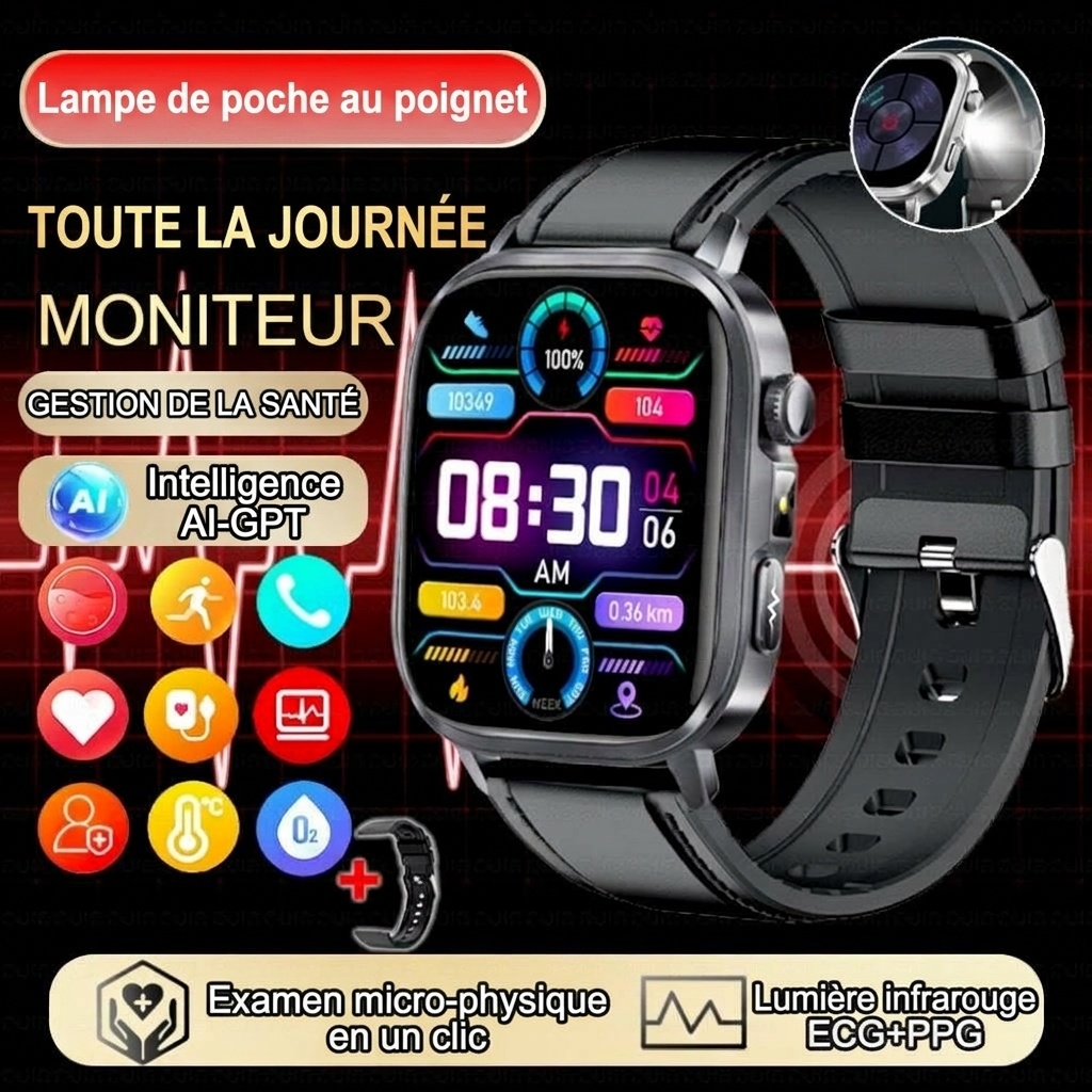 Montre connectée santé avec IA-ECG, écran tactile AMOLED carré et appels Bluetooth