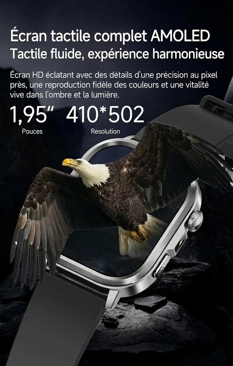 Montre connectée santé avec IA-ECG, écran tactile AMOLED carré et appels Bluetooth