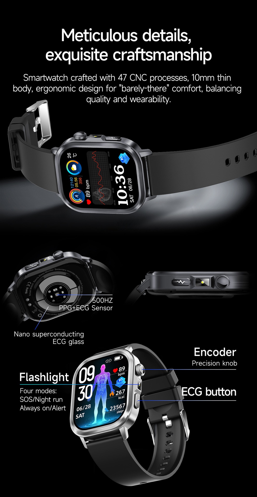 AI-ECG Smart Health Watch with Square AMOLED Touchscreen & BT Call