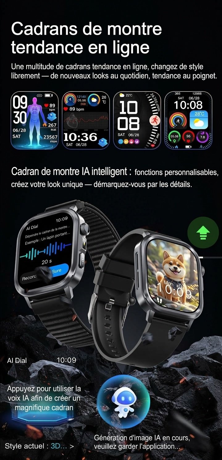 Montre connectée santé avec IA-ECG, écran tactile AMOLED carré et appels Bluetooth