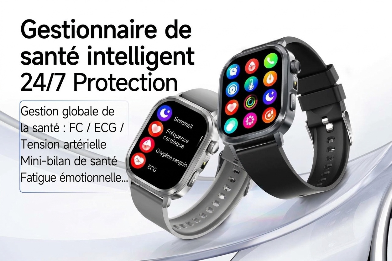 Montre connectée santé avec IA-ECG, écran tactile AMOLED carré et appels Bluetooth