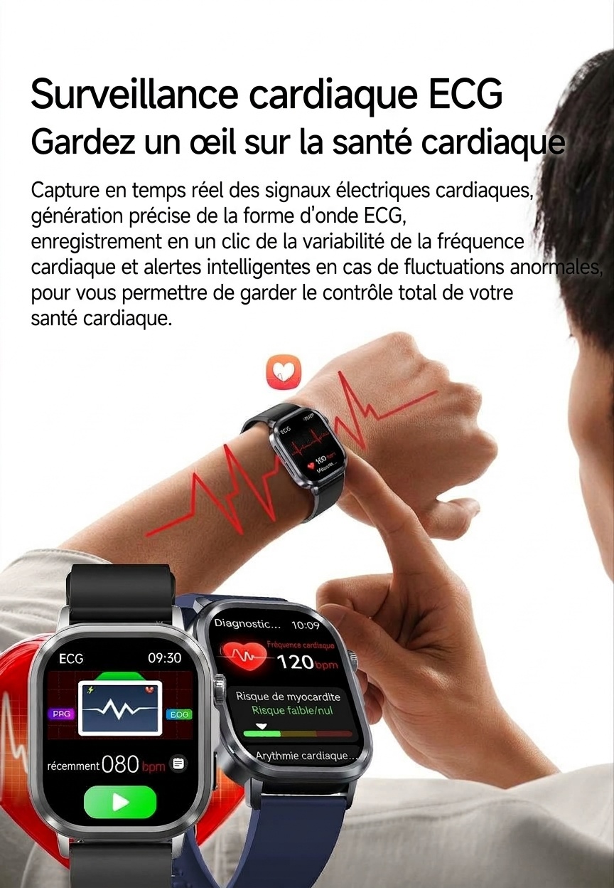 Montre connectée santé avec IA-ECG, écran tactile AMOLED carré et appels Bluetooth