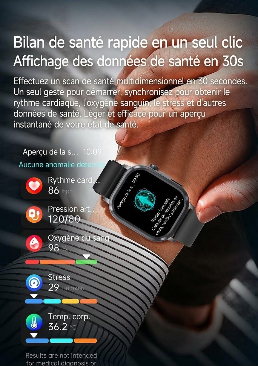 Montre connectée santé avec IA-ECG, écran tactile AMOLED carré et appels Bluetooth