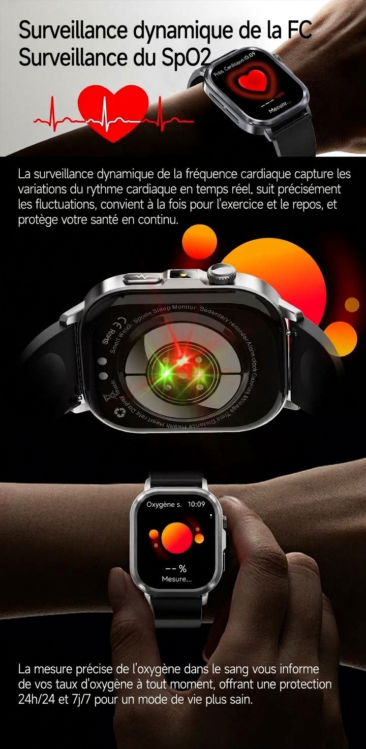 Montre connectée santé avec IA-ECG, écran tactile AMOLED carré et appels Bluetooth