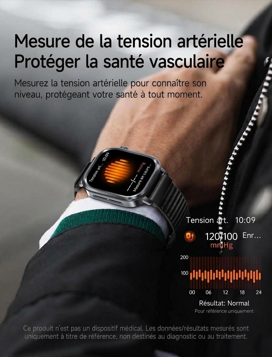 Montre connectée santé avec IA-ECG, écran tactile AMOLED carré et appels Bluetooth