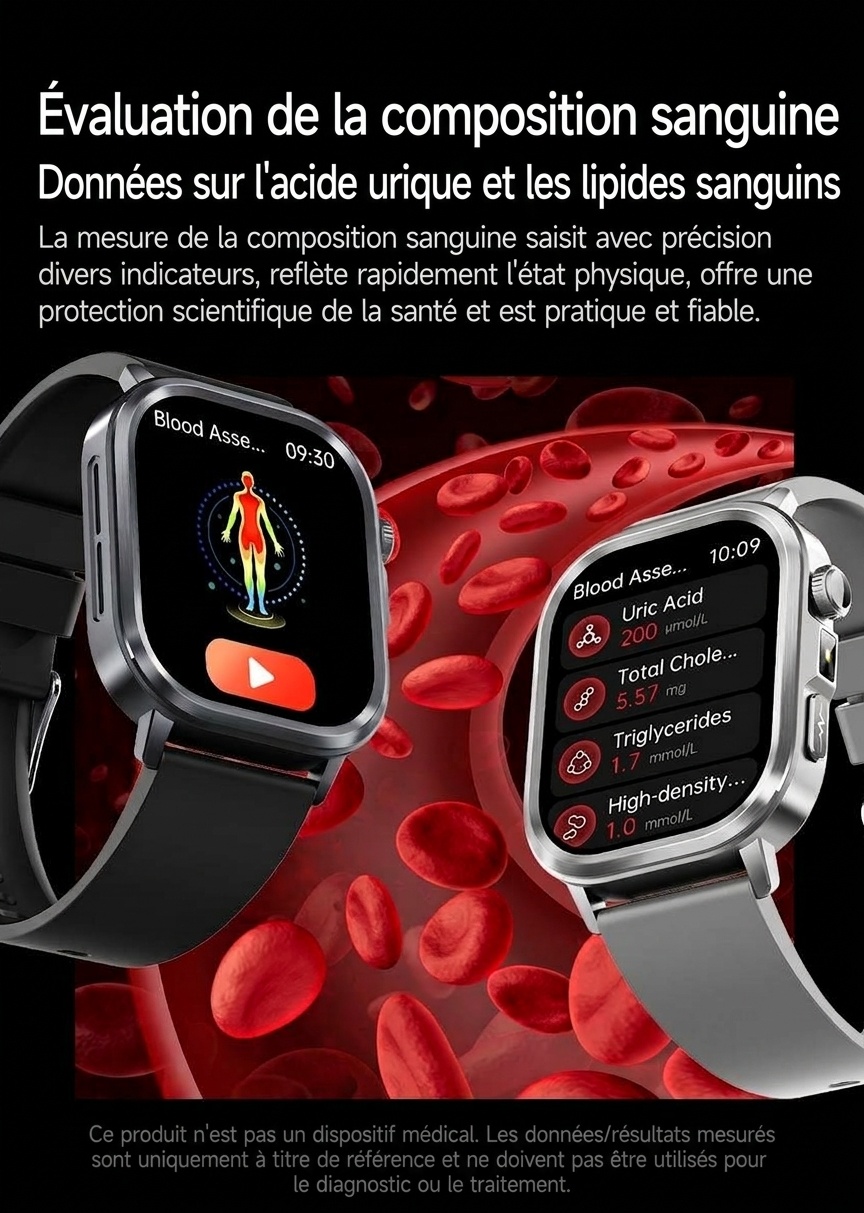 Montre connectée santé avec IA-ECG, écran tactile AMOLED carré et appels Bluetooth