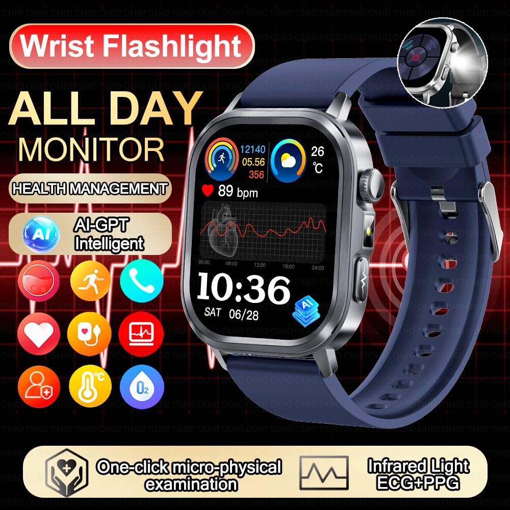 AI-ECG Smart Health Watch with Square AMOLED Touchscreen & BT Call