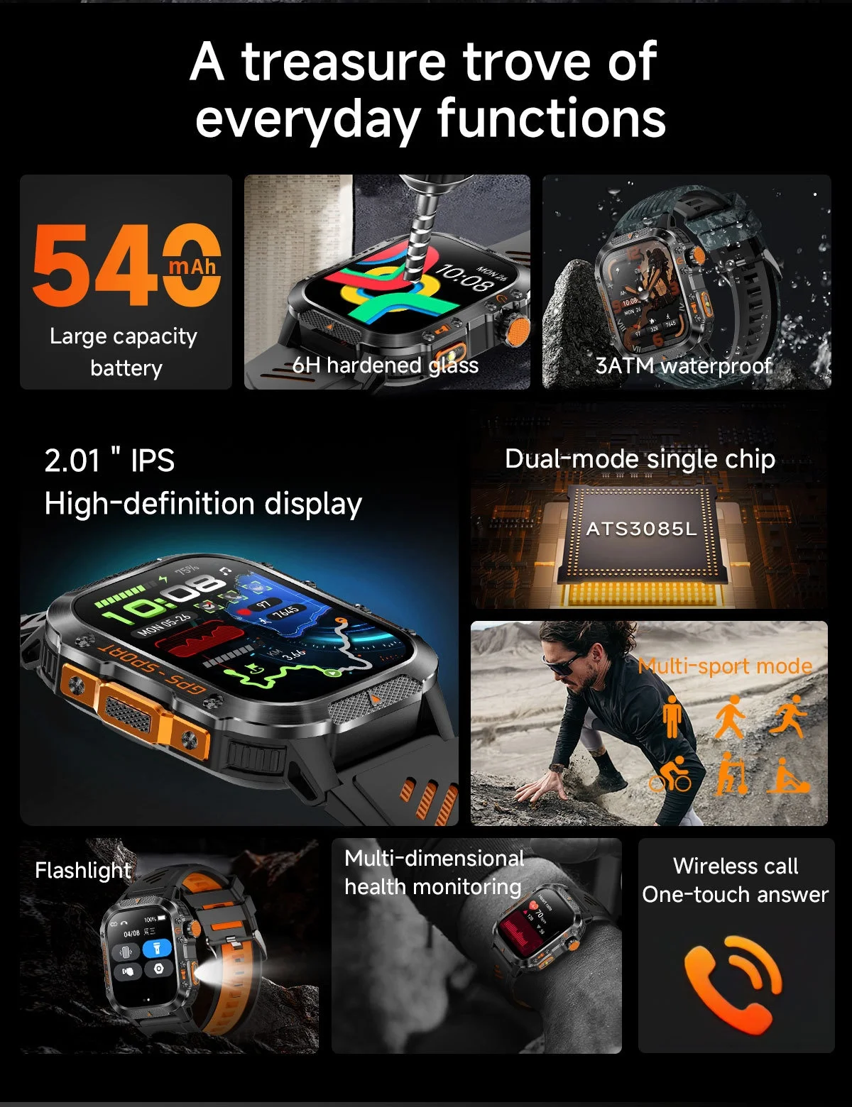 Rugged Outdoor Smart Watch with Square Display, GPS & Multi-Sport Modes