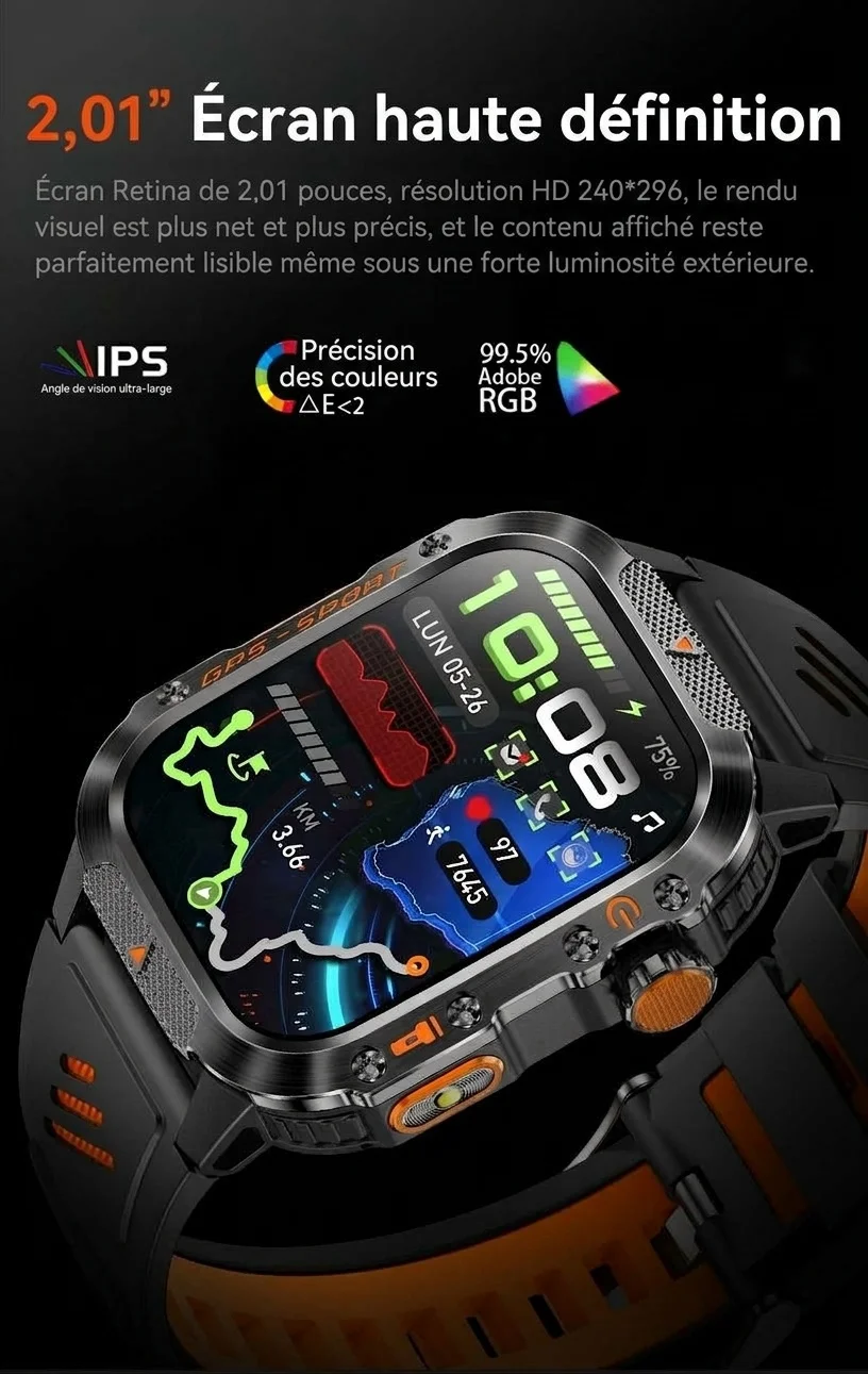 Montre connectée robuste pour l'extérieur avec écran carré, GPS et modes multisports