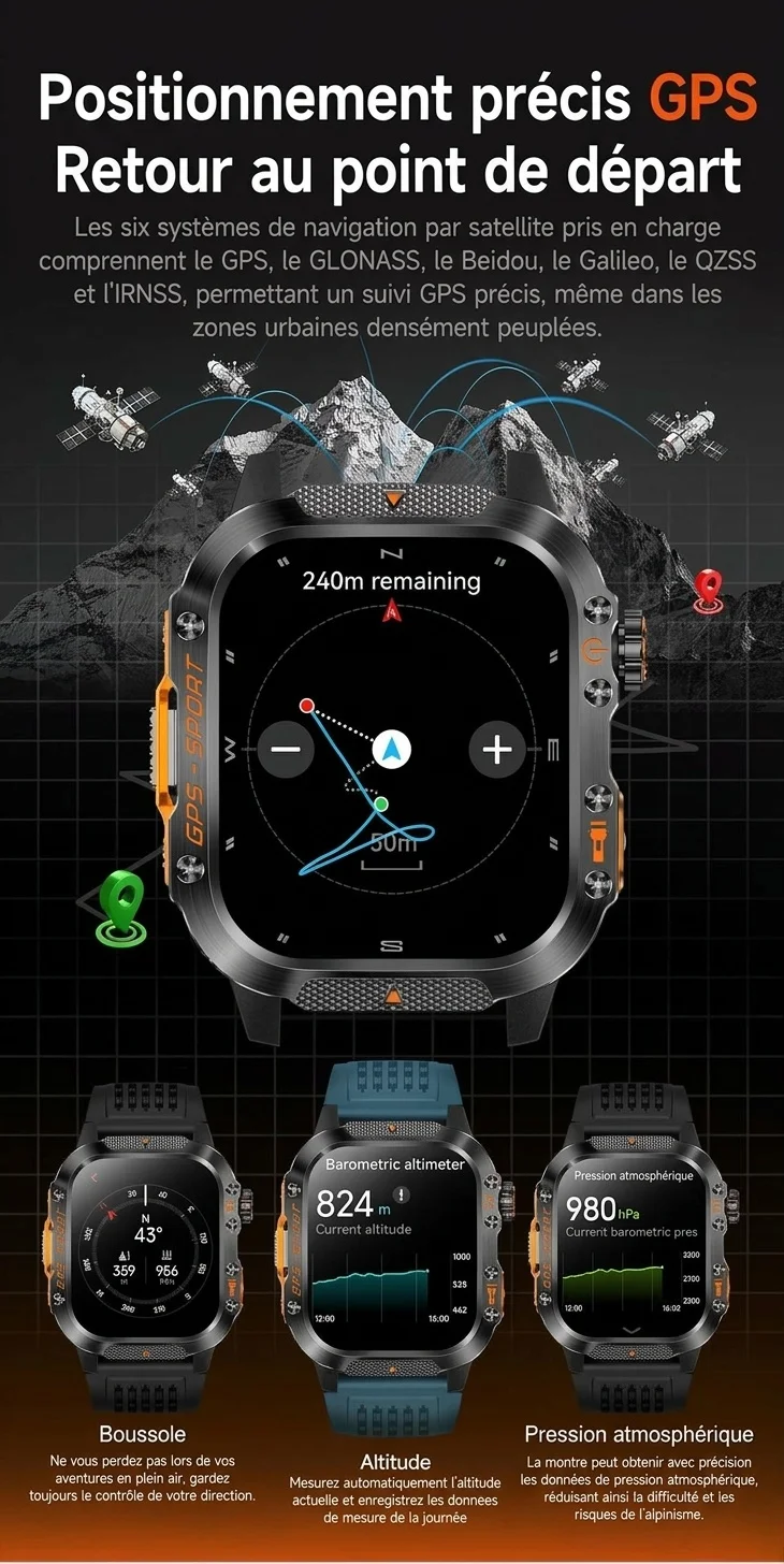 Montre connectée robuste pour l'extérieur avec écran carré, GPS et modes multisports
