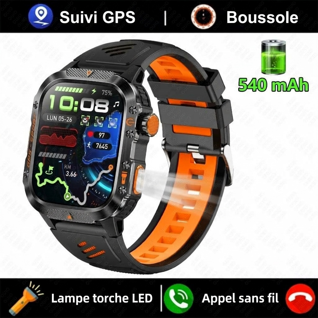 Montre connectée robuste pour l'extérieur avec écran carré, GPS et modes multisports