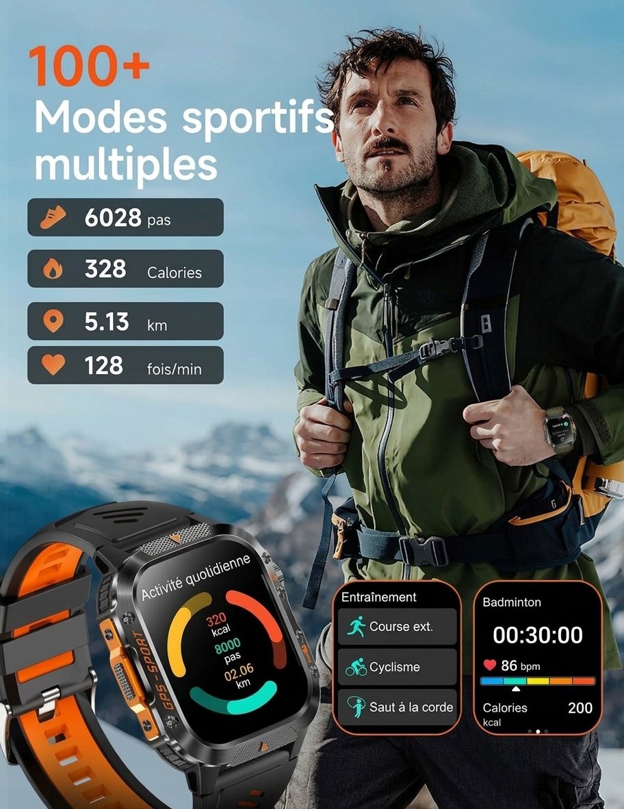 Montre connectée robuste pour l'extérieur avec écran carré, GPS et modes multisports