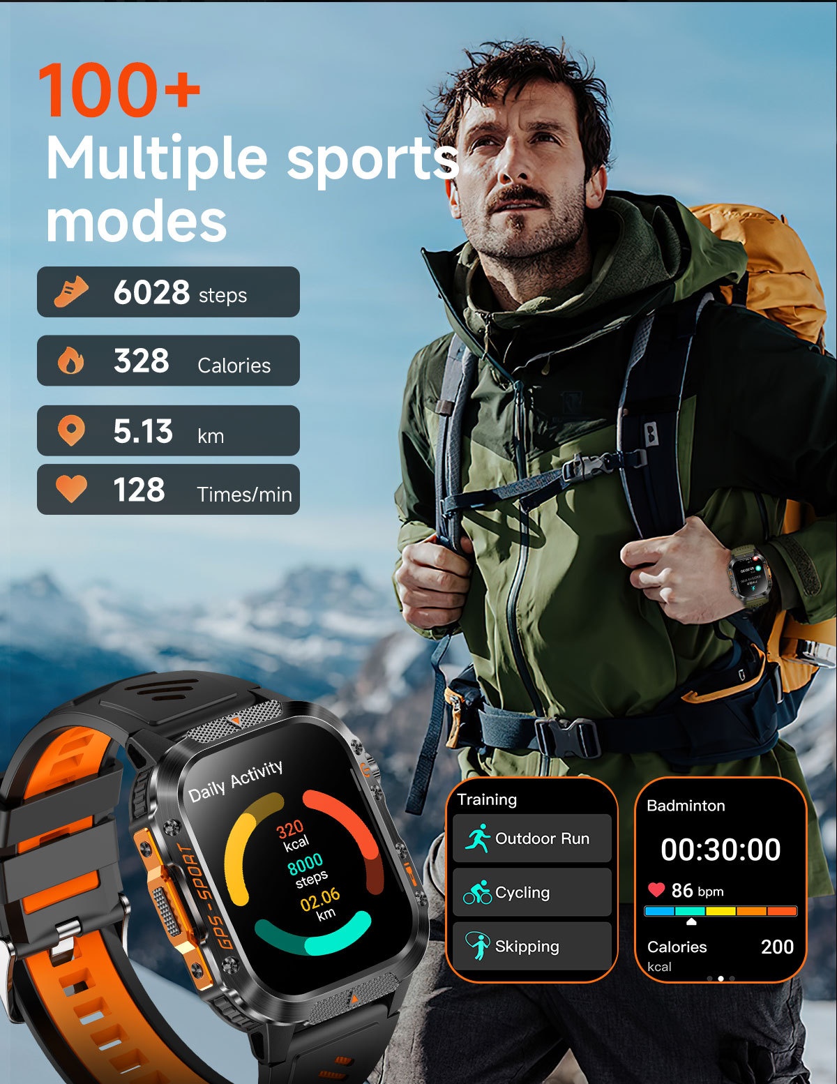 Rugged Outdoor Smart Watch with Square Display, GPS & Multi-Sport Modes