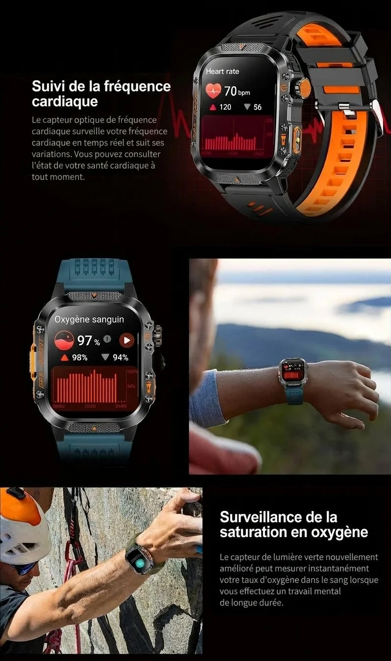 Montre connectée robuste pour l'extérieur avec écran carré, GPS et modes multisports