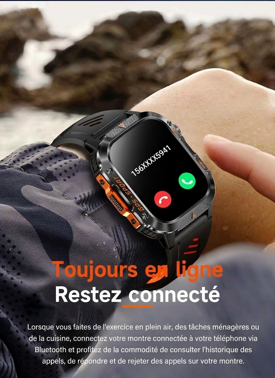 Montre connectée robuste pour l'extérieur avec écran carré, GPS et modes multisports