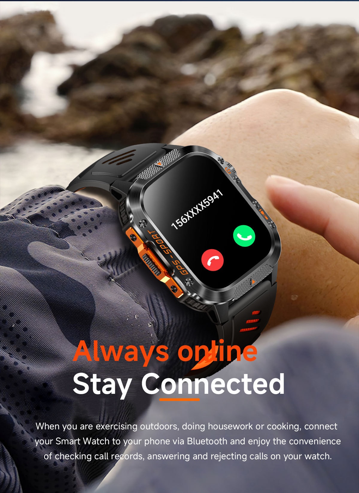 Rugged Outdoor Smart Watch with Square Display, GPS & Multi-Sport Modes