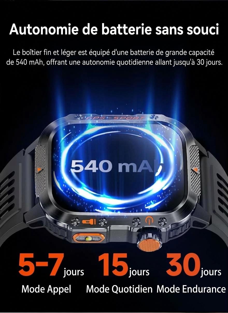 Montre connectée robuste pour l'extérieur avec écran carré, GPS et modes multisports
