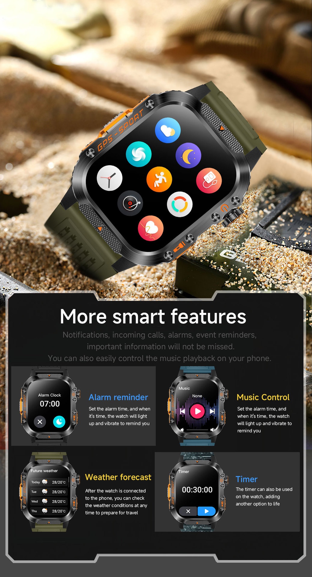 Rugged Outdoor Smart Watch with Square Display, GPS & Multi-Sport Modes