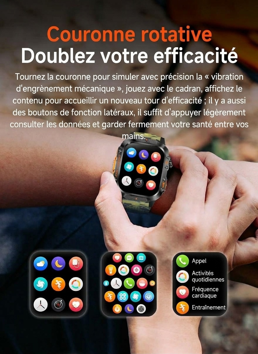 Montre connectée robuste pour l'extérieur avec écran carré, GPS et modes multisports