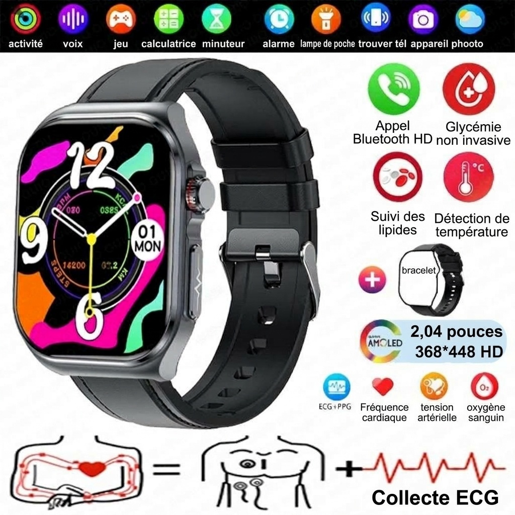 Montre connectée ET585 avec écran AMOLED carré, ECG et plus de 130 modes sportifs