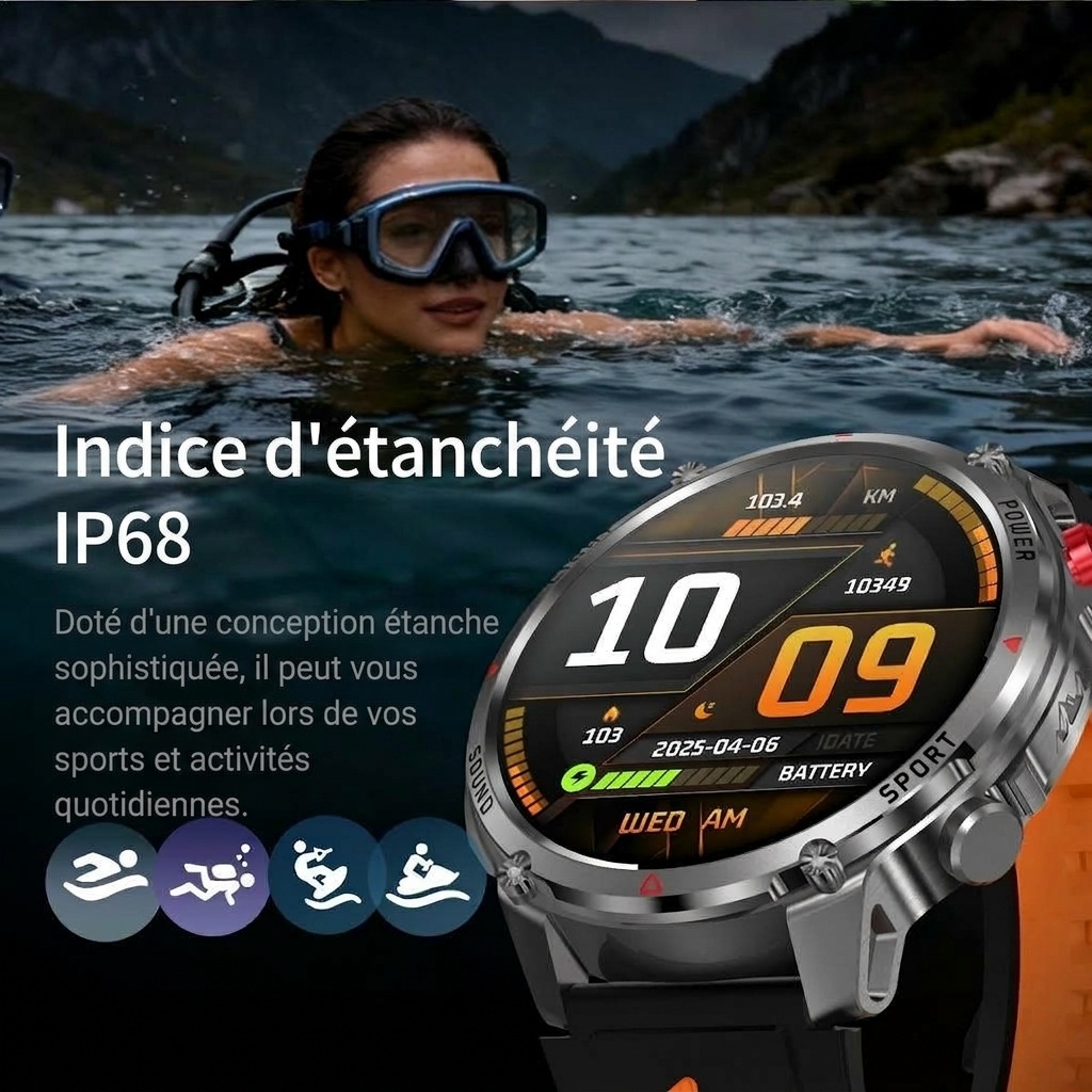 Montre connectée HT45 Outdoor avec écran rond HD de 1,7 pouce et batterie de 1100 mAh
