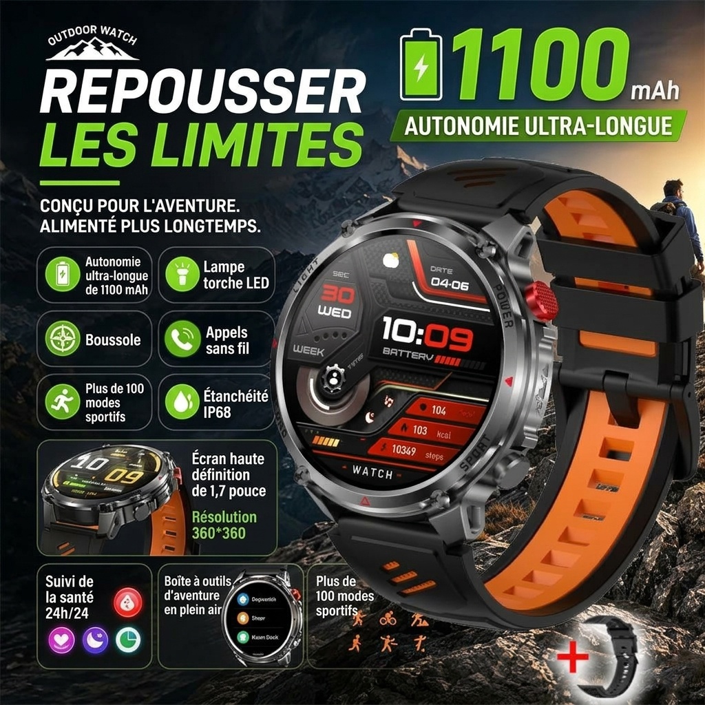Montre connectée HT45 Outdoor avec écran rond HD de 1,7 pouce et batterie de 1100 mAh