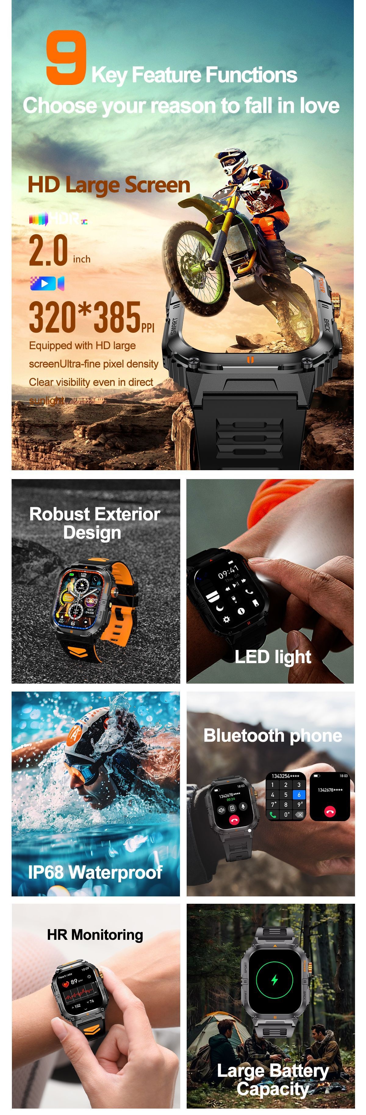 Rugged Sports Smart Watch for Men with Large HD Screen & BT Calling