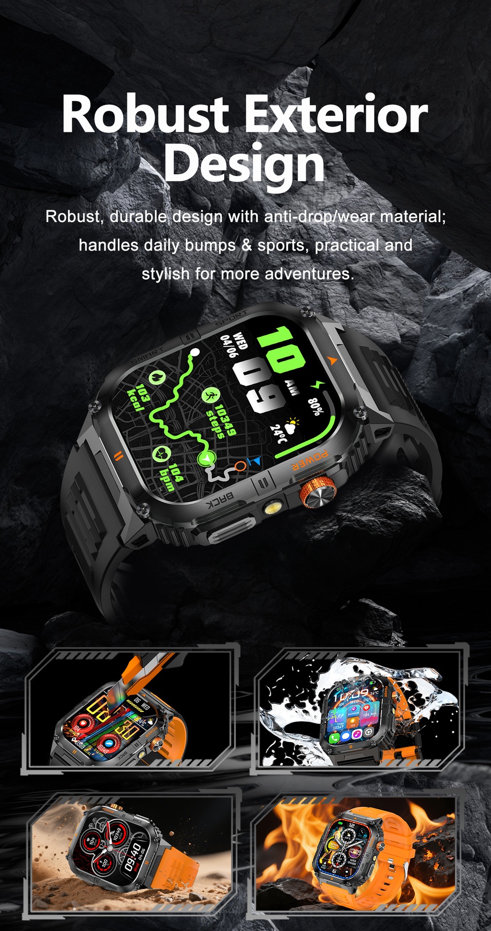Rugged Sports Smart Watch for Men with Large HD Screen & BT Calling
