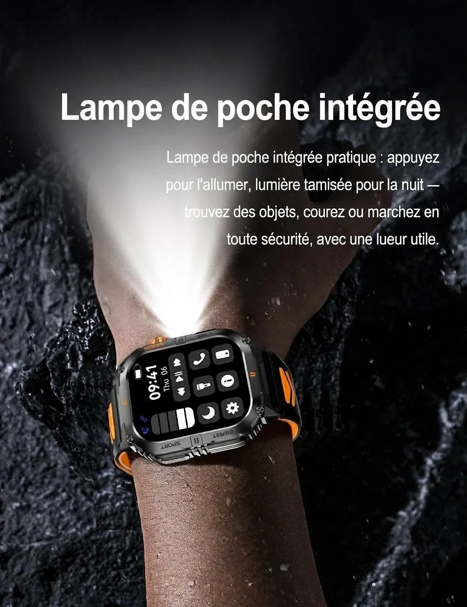 Montre connectée de sport robuste pour homme avec grand écran HD et appels Bluetooth