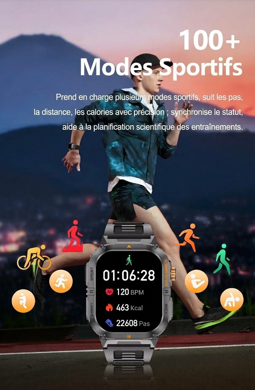 Montre connectée de sport robuste pour homme avec grand écran HD et appels Bluetooth