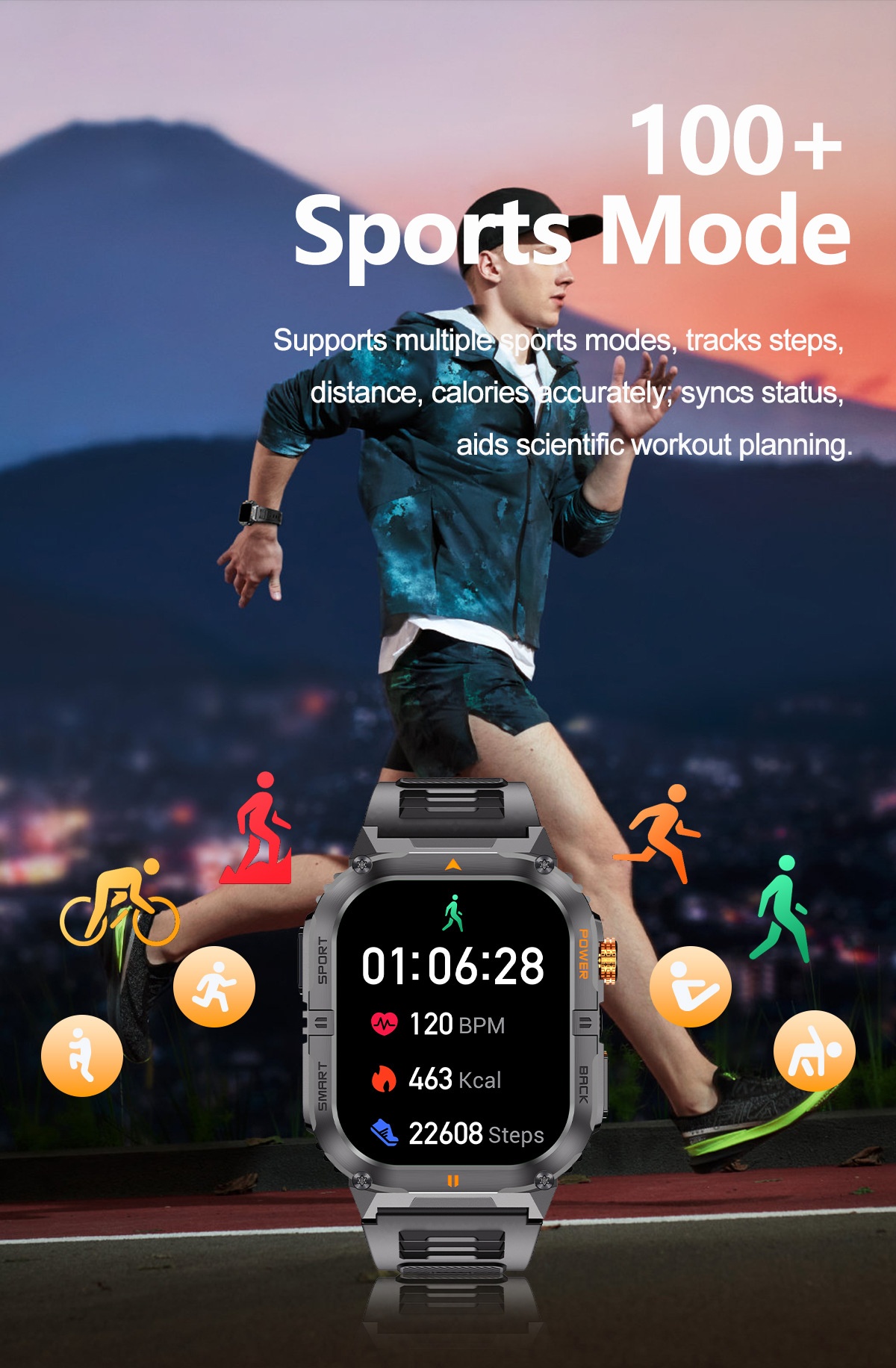 Rugged Sports Smart Watch for Men with Large HD Screen & BT Calling