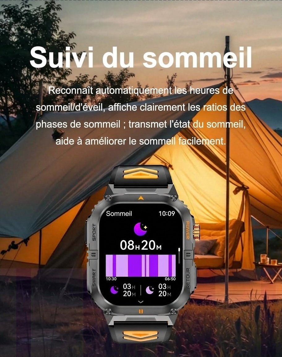 Montre connectée de sport robuste pour homme avec grand écran HD et appels Bluetooth