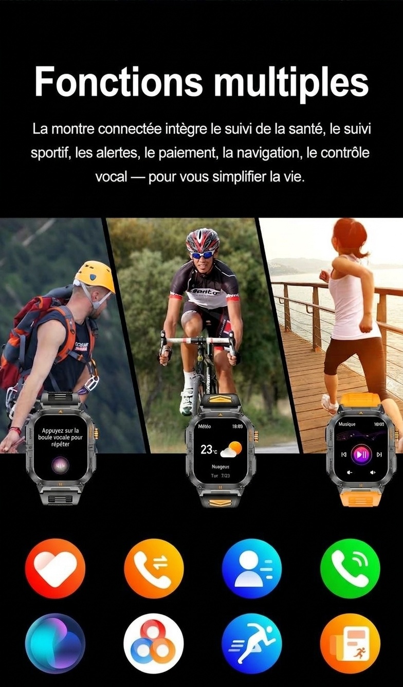 Montre connectée de sport robuste pour homme avec grand écran HD et appels Bluetooth
