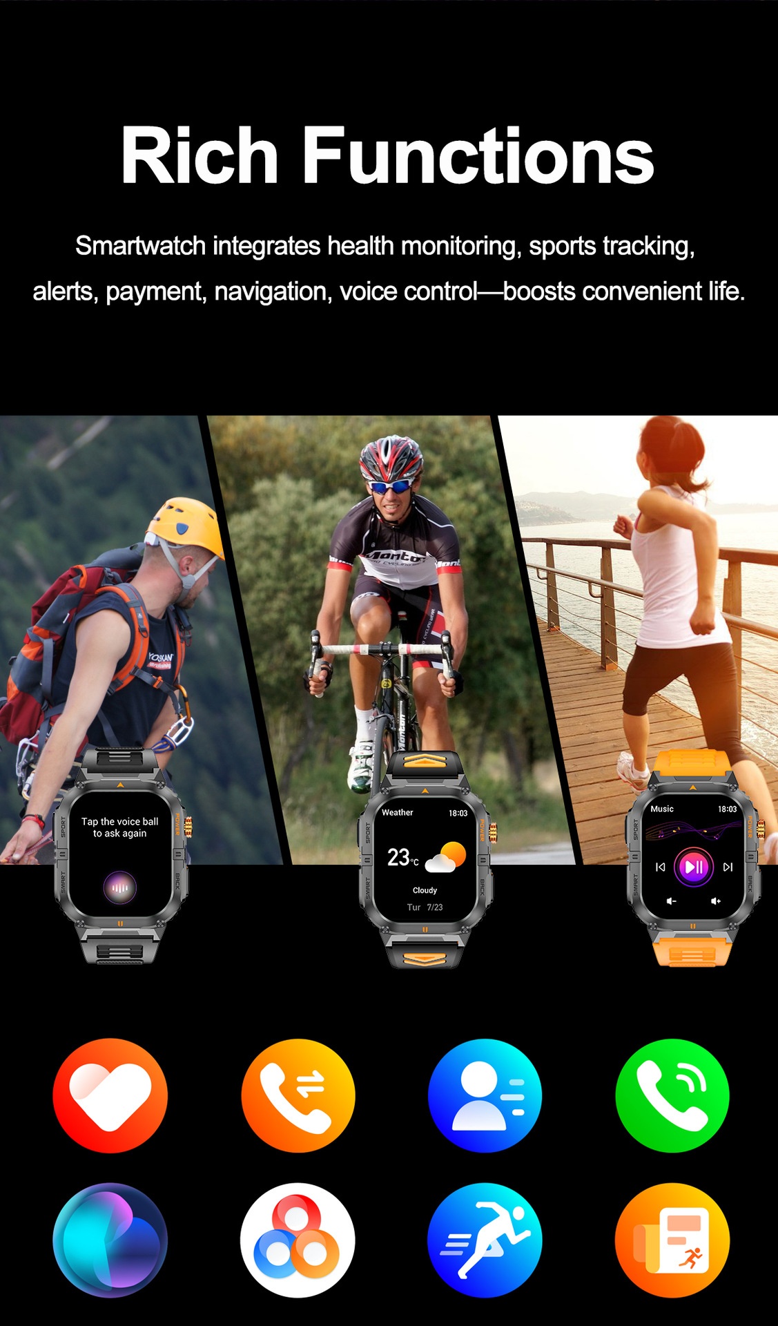 Rugged Sports Smart Watch for Men with Large HD Screen & BT Calling