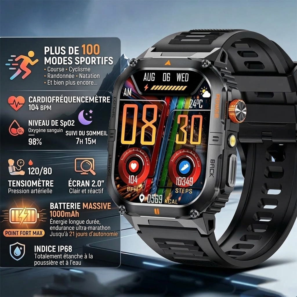 Montre connectée de sport robuste pour homme avec grand écran HD et appels Bluetooth