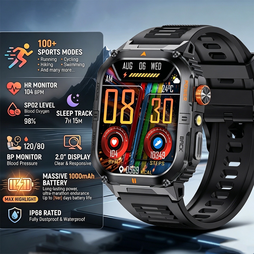 Rugged Sports Smart Watch for Men with Large HD Screen & BT Calling