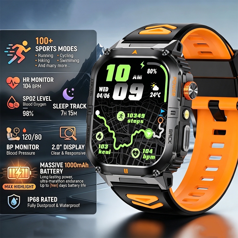 Montre connectée de sport robuste pour homme avec grand écran HD et appels Bluetooth