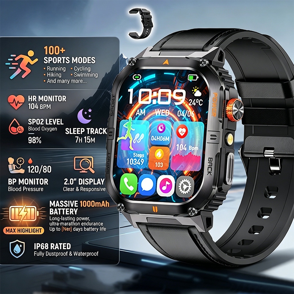 Rugged Sports Smart Watch for Men with Large HD Screen & BT Calling