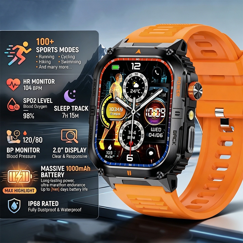 Rugged Sports Smart Watch for Men with Large HD Screen & BT Calling