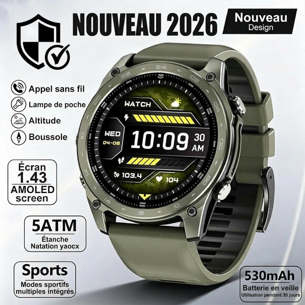 Montre connectée robuste T8PRO avec écran AMOLED rond et appels Bluetooth