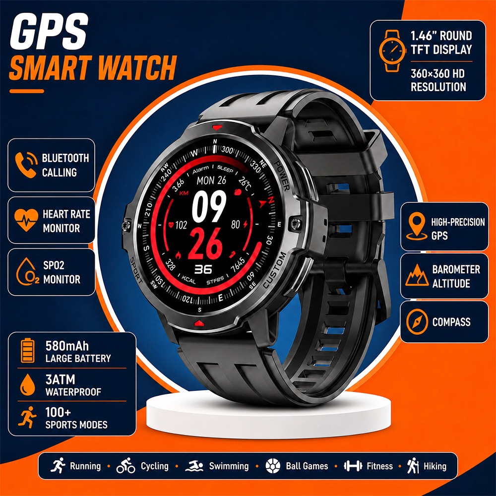 Rugged GPS Smart Watch with Round TFT Display & Bluetooth Calling