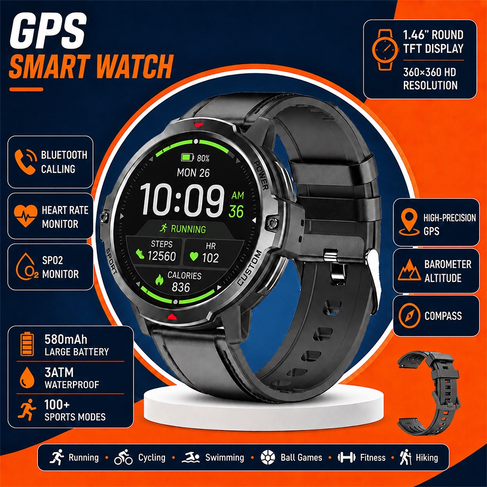 Rugged GPS Smart Watch with Round TFT Display & Bluetooth Calling