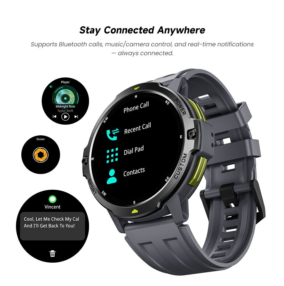 Rugged GPS Smart Watch with Round TFT Display & Bluetooth Calling