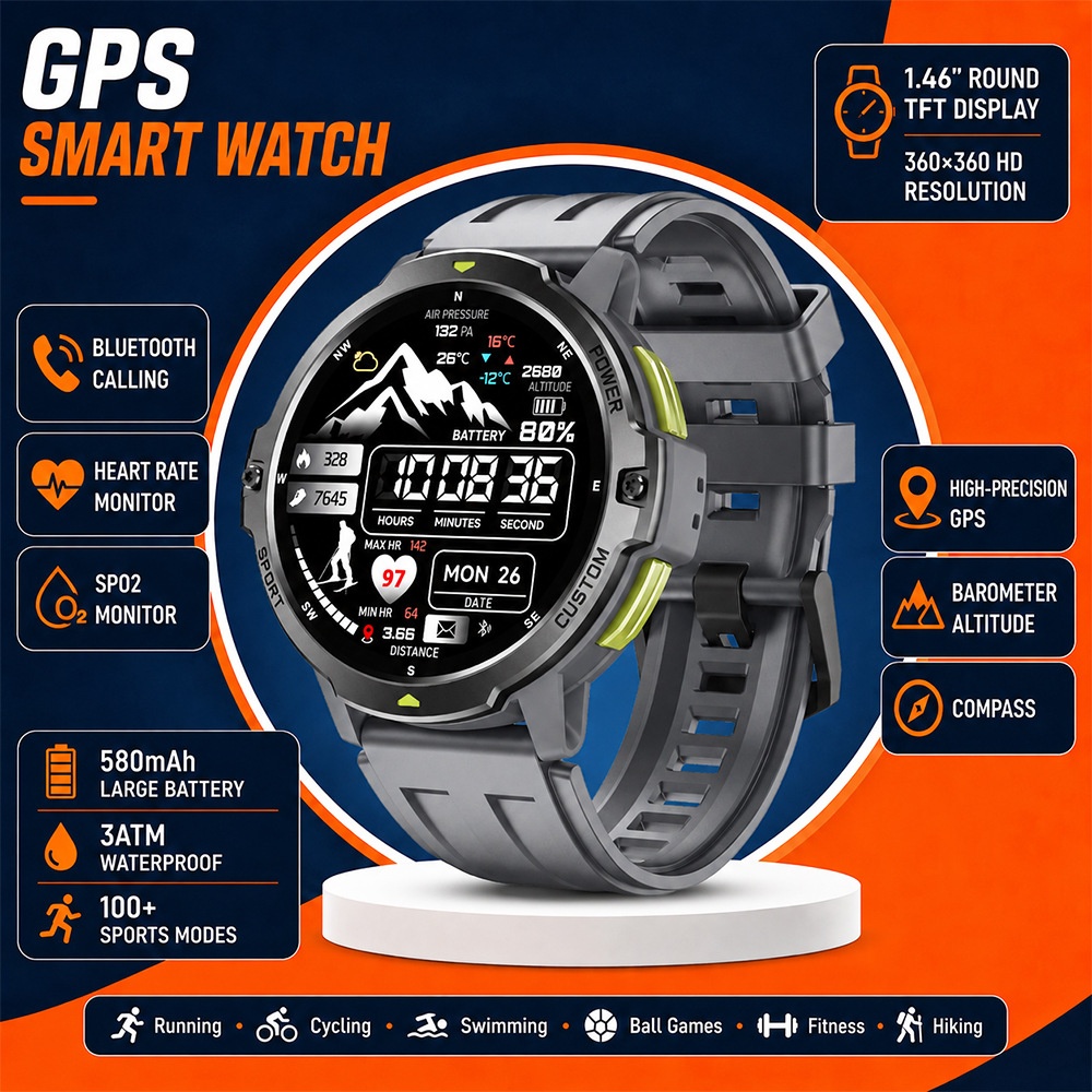 Rugged GPS Smart Watch with Round TFT Display & Bluetooth Calling