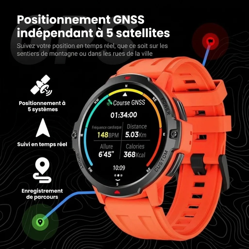 Montre connectée GPS robuste avec écran TFT rond et fonction d'appel Bluetooth