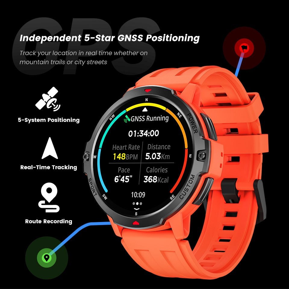 Rugged GPS Smart Watch with Round TFT Display & Bluetooth Calling